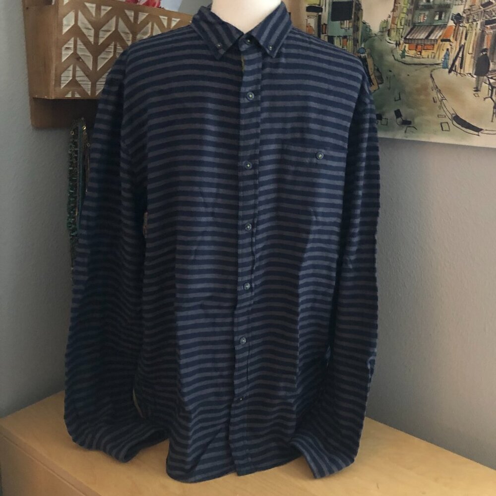 DENIM & FLOWER Thick Flannel Navy Blue Gray Stripe Slim Fit Shirt Men's size L